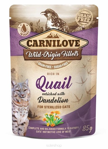 Carnilove Cat – Adult Sterilised Quail & Dandelion 85g – Przepiórka z mniszkiem lekarski