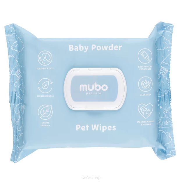 Mubo – Baby Powder Pet Wipes 100szt. – Chusteczki z aloesem dla psa i kota, o zapachu dziecięcego pudru 15x30cm