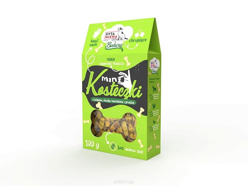 Syta Micha – Mini kosteczki 100g – Z indykiem i chudym twarożkiem – Ciasteczka dla psa