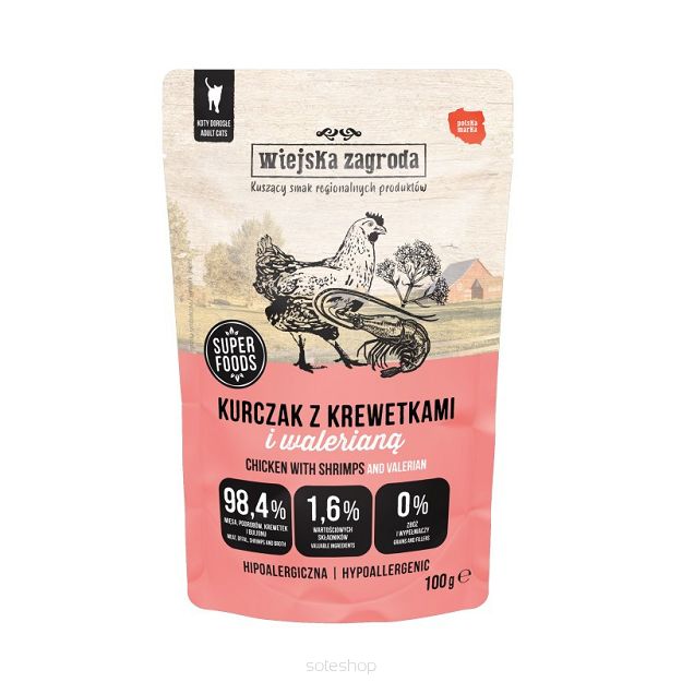 Wiejska Zagroda – Kurczak z krewetkami i walerianą 100g – Mokra karma dla kota