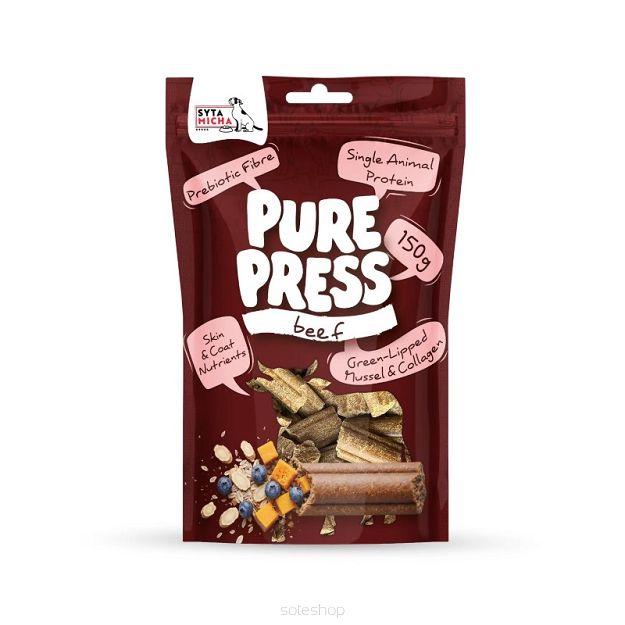 Syta micha – Pure Press Beef 150 g – Wołowina – Smaczki tłoczone na zimno dla psa