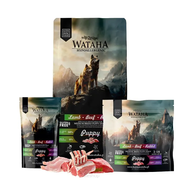 WATAHA HYPOALLERGENIC KARMA SUCHA DLA SZCZENIĄT RAS ŚREDNICH I DUŻYCH JGNIĘCINA Z WOŁOWINĄ, KRÓLIKIEM I RYŻEM