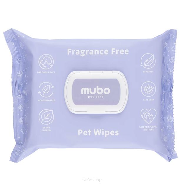 Mubo – Fragrance Free Pet Wipes 100szt. – Bezzapachowe chusteczki z aloesem dla psa i kota, 15x30cm